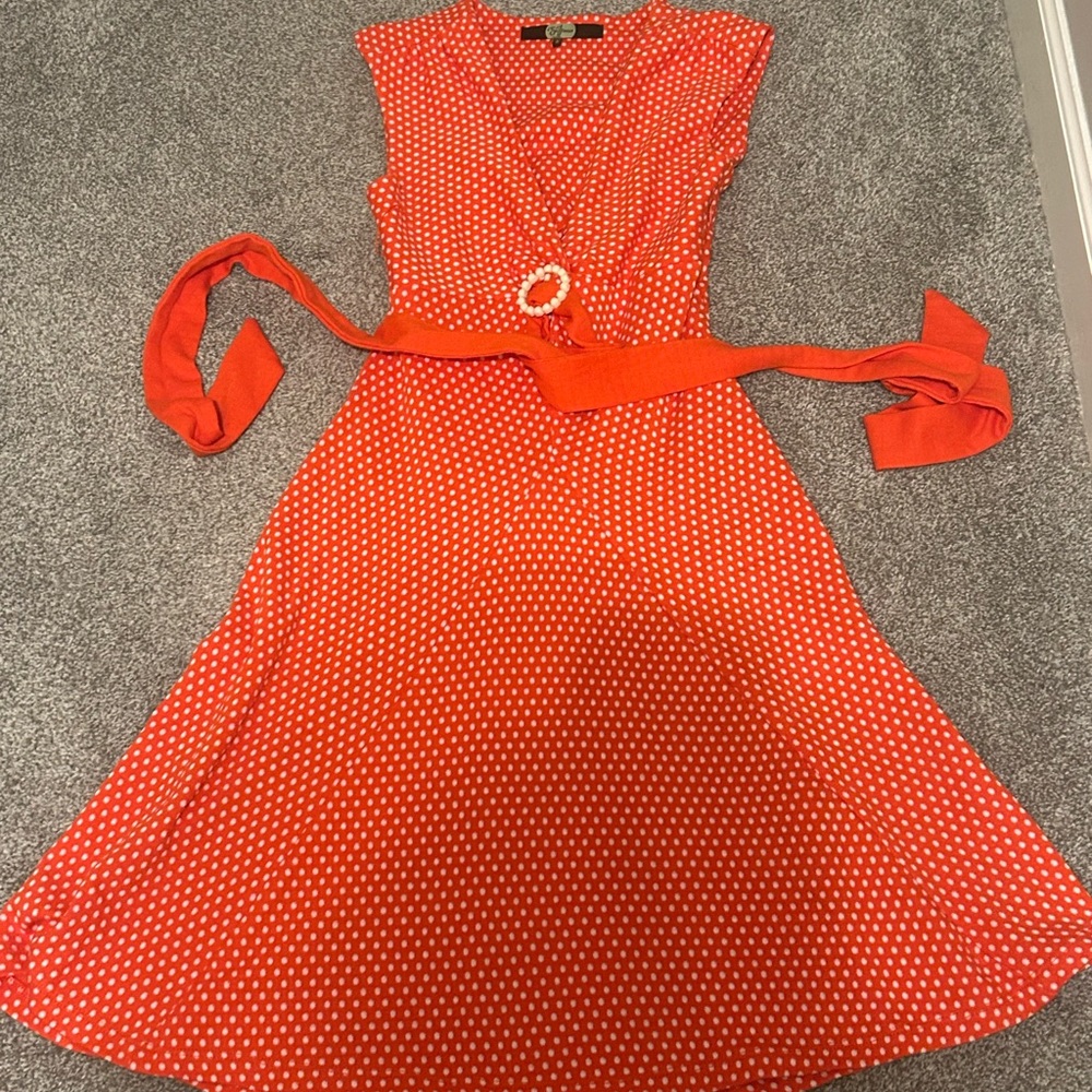 Eva Franco Vibrant Red orange Vneck Polka Dot Midi Dress